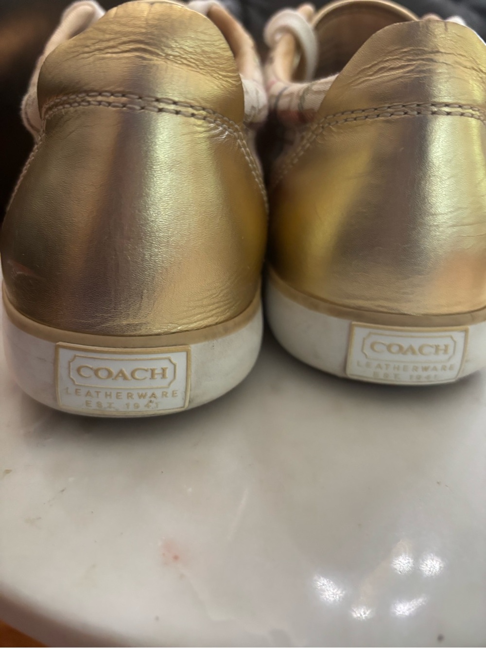 Coach Barrett Cream Plaid Low-Top Sneakers with Multicolor Gold Accents - Picture 3 of 9